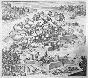 Vernichtung der französischen protestantischen Siedler, Fort Charles, Florida, 1562, aus 